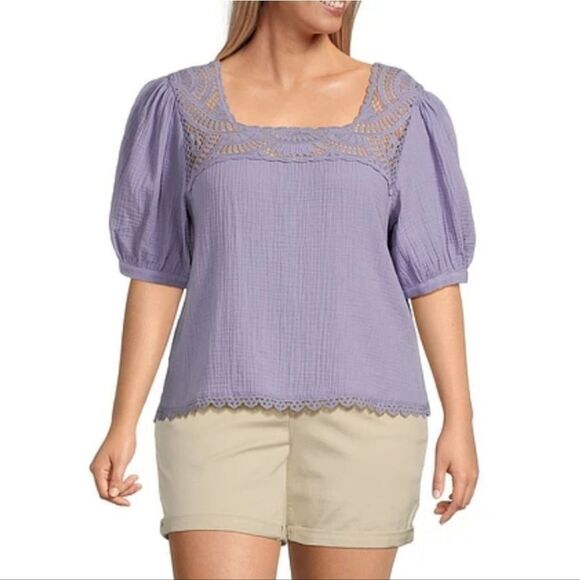 Democracy Cotton Woven Crochet Square Neck Short Bubble Sleeve Scallop Hem Top - Picture 13 of 13